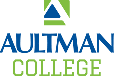 a blue and green logo for aultman college