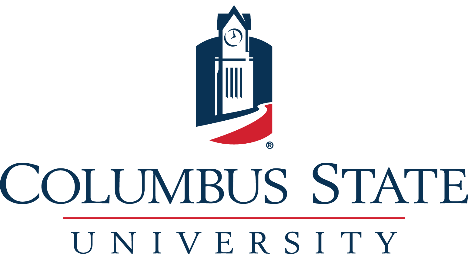 a blue and red logo for columbus state university with a clock tower