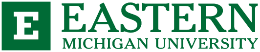 eastern michigan university green text with a white e with a green square border