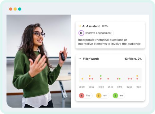 Image of a student presenting in front of the class. Next to the image is a graphics display about the AI Assistant with an example about incorporating rhetorical questions or interactive elements to involve the audience.